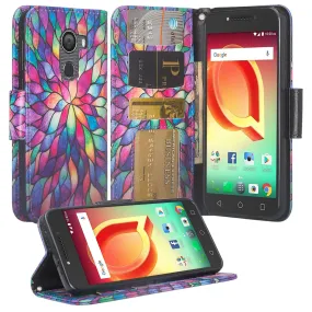 Tmobile REVVL, Alcatel A30 Plus, A30 Fierce, Alcatel Walters Case, Wrist Strap Pu Leather Wallet Flip [Kickstand] Cover with ID & Credit Card Slots - Rainbow Flower