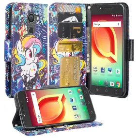 Tmobile REVVL, Alcatel A30 Plus, A30 Fierce, Alcatel Walters Case, Wrist Strap Pu Leather Wallet Flip [Kickstand] Cover with ID & Credit Card Slots - Rainbow Unicorn