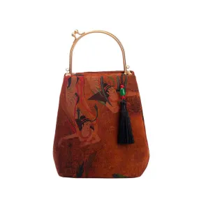 Vintage Chinese Style Retro Brown Feitian Flying Apsaras Silk Handbag with Tassel Charm