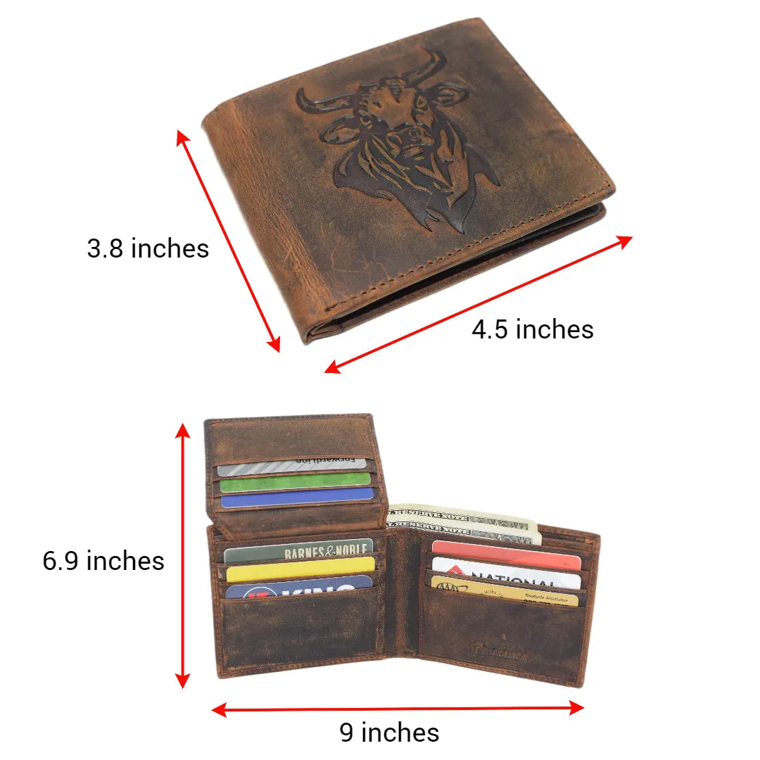 Western Wallet For Men - Vintage Cowhide Leather Rodeo Bull Bifold Wallet For Cowboys - Men’s Wallet Bifold RFID Blocking Card Holder