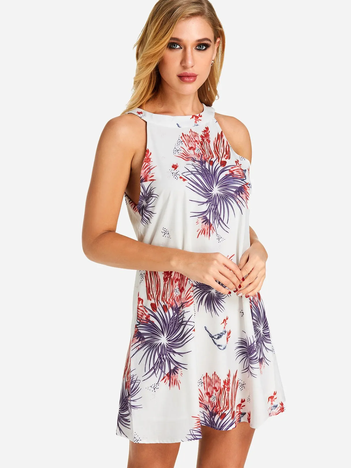 Wholesale Crew Neck Halter Floral Print Cut Out Sleeveless Mini Dress