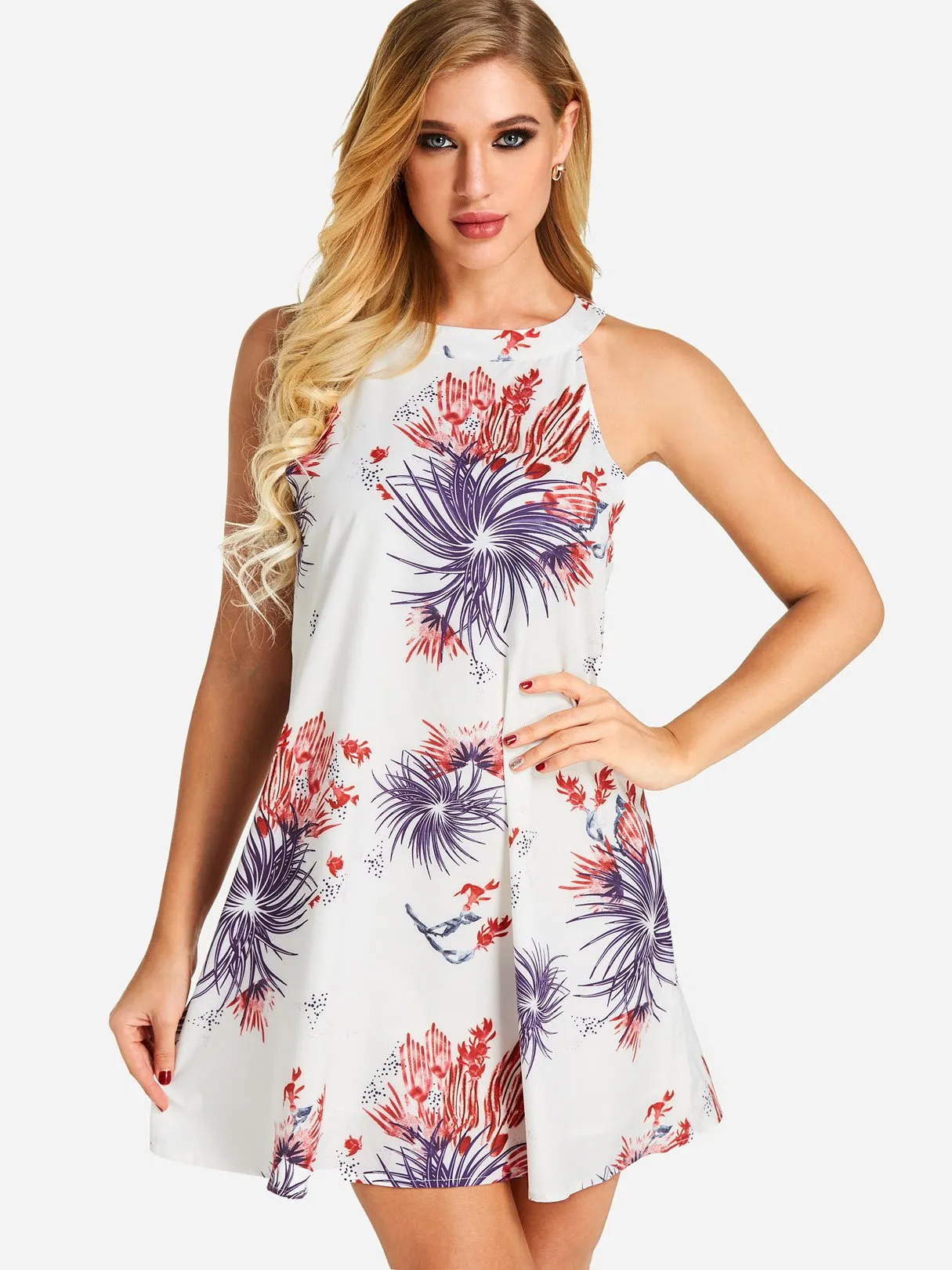 Wholesale Crew Neck Halter Floral Print Cut Out Sleeveless Mini Dress