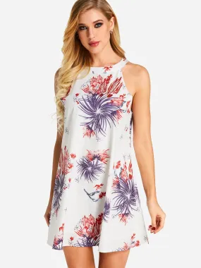 Wholesale Crew Neck Halter Floral Print Cut Out Sleeveless Mini Dress