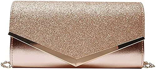 Women Shiny Sequins Evening Clutch Bag with Chain,Envelope Shaped Evening Handbag Purse Wallet, Crossbody Bags Prom Bag for Wedding Prom Dinner Evening Party Prom Gift for Mom Wife (Rose Gold)