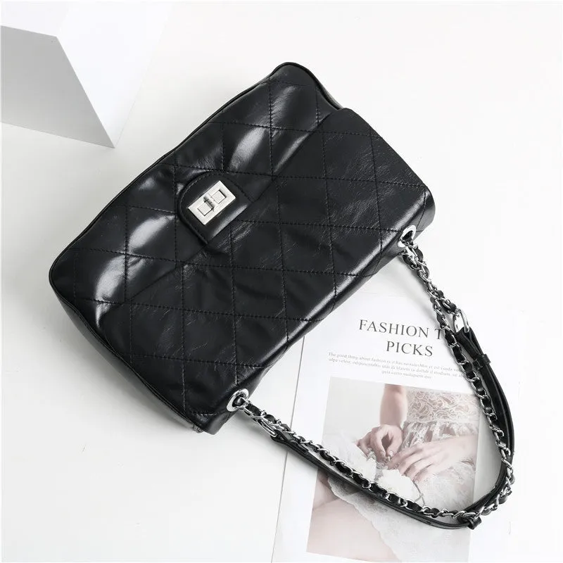 Womens Quilted Leather Chain Strap Shoulder Bag